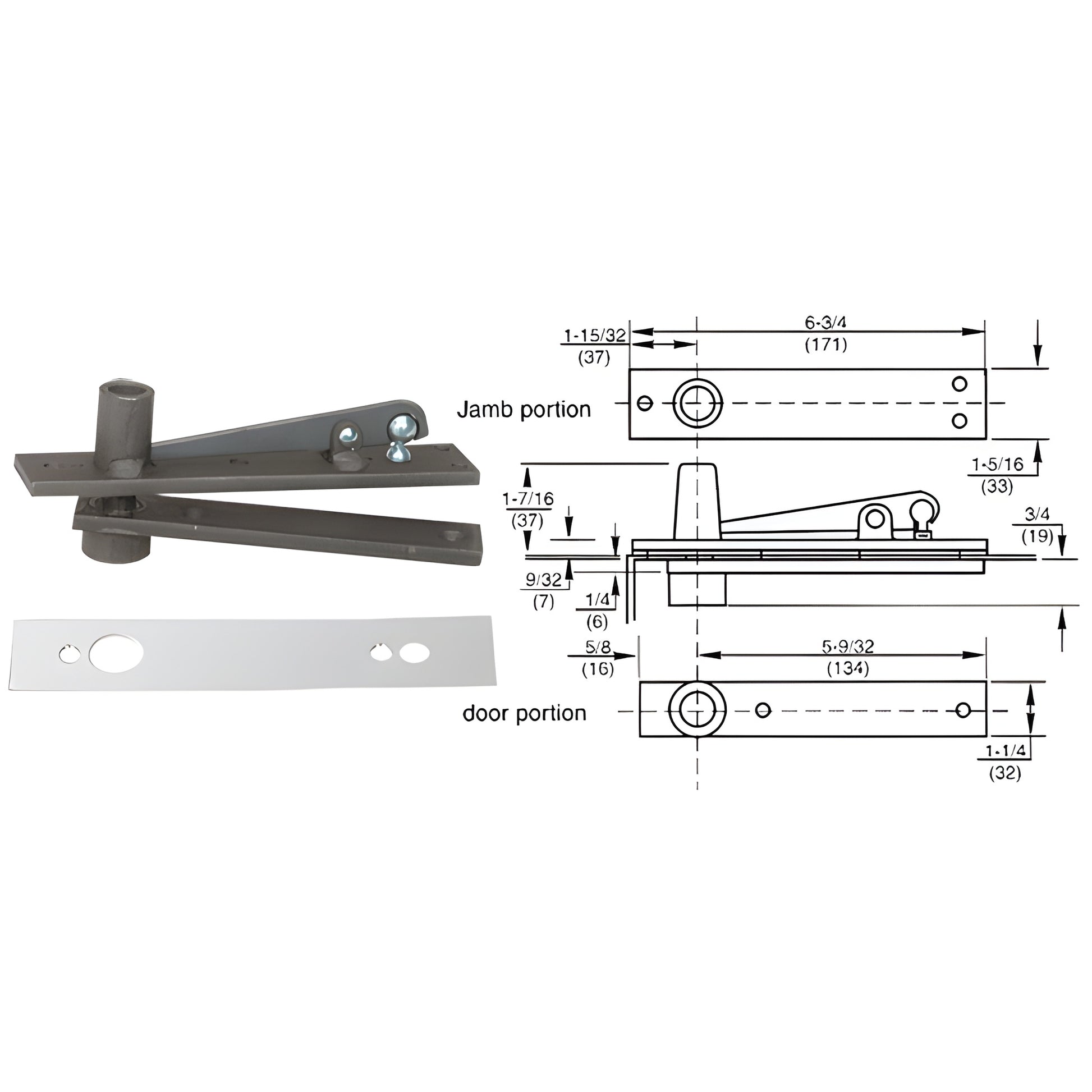 Rixson 340PC polished chrome center-hung top pivot and receiver for aluminum storefront doors, technical diagram.