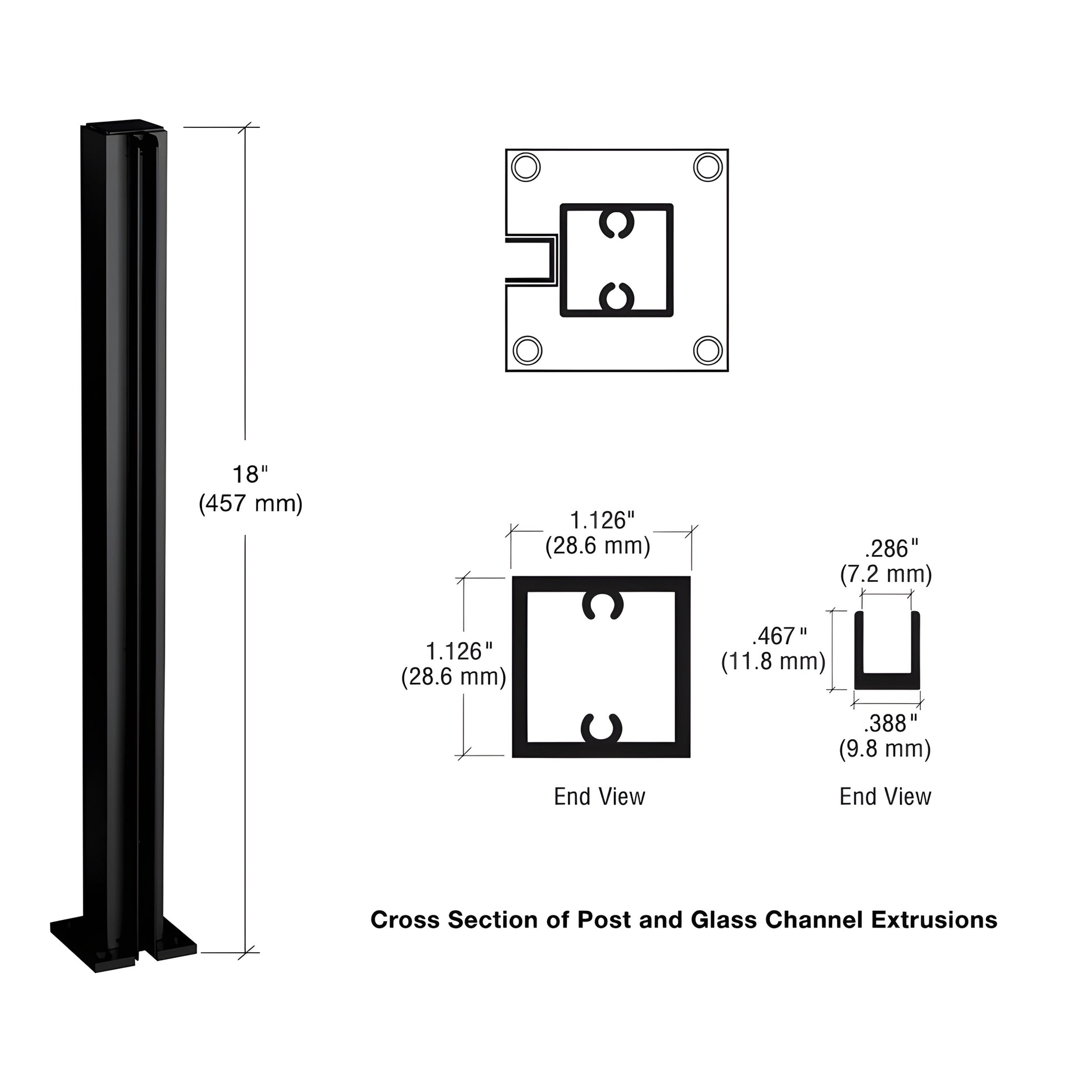 D990BL18E semi-gloss black 18 in aluminum square end post with U-channel for 5-6mm glass