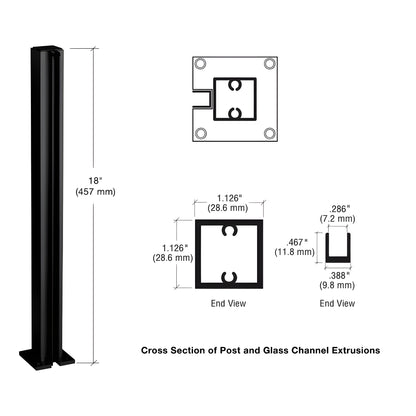 D990BL18E semi-gloss black 18 in aluminum square end post with U-channel for 5-6mm glass