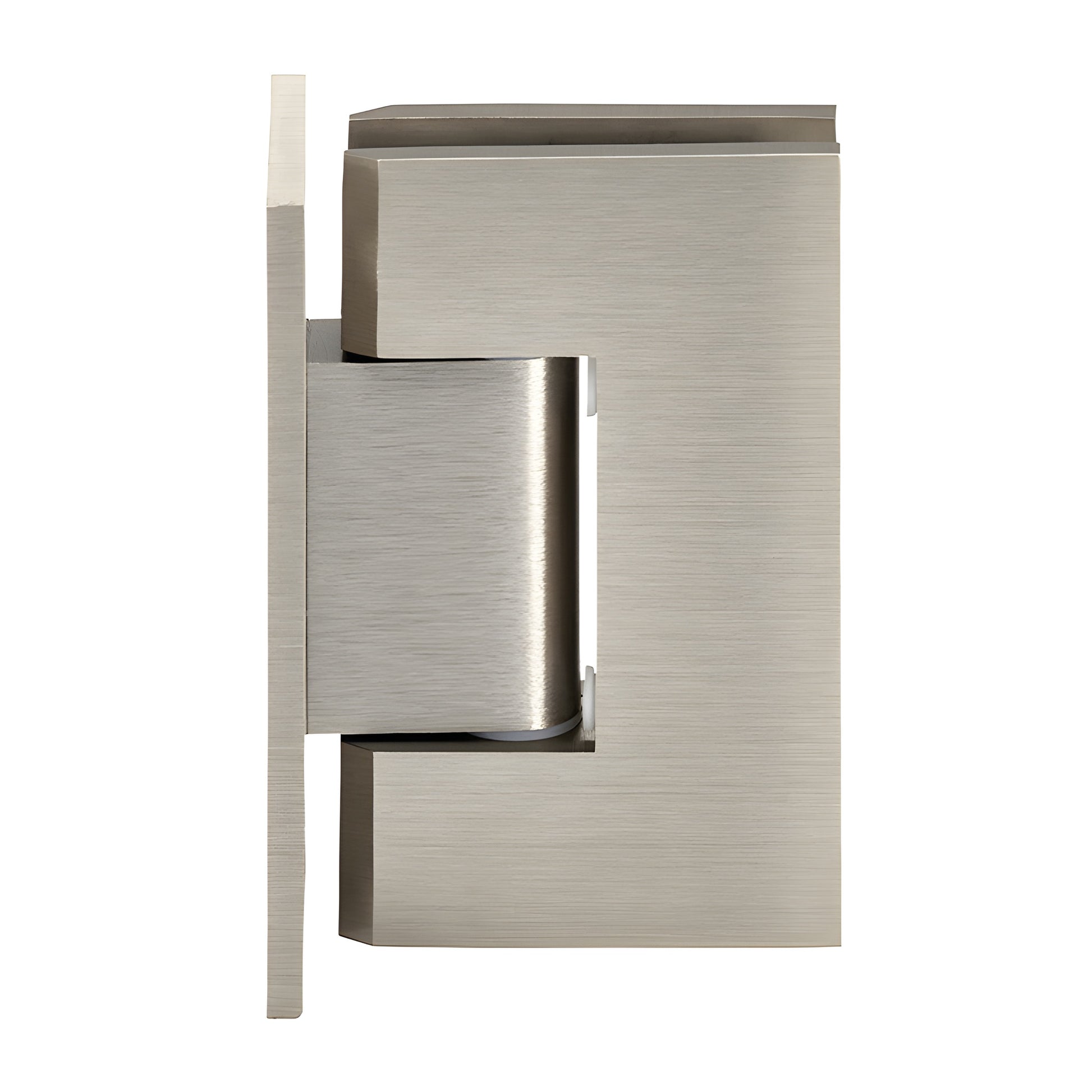 Brushed nickel Geneva glass shower hinge (GEN037BN), brass wall mount full back plate for 8-12 mm glass, self centering.