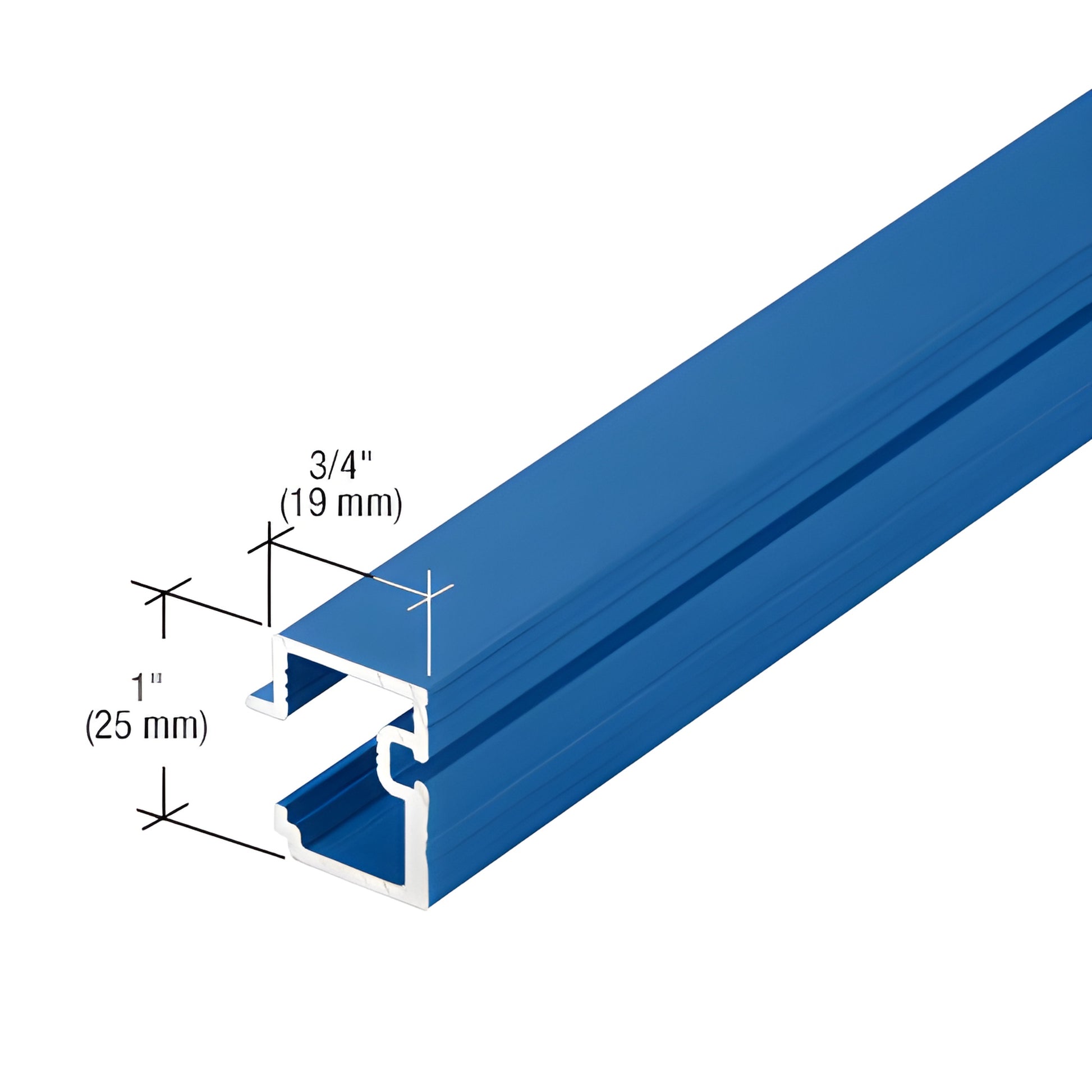 Blue extruded aluminum glazing profile (SKU CW97571), hollow curtain-wall section, 3/4" x 1" cross-section.