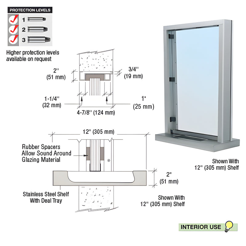 S11W12S stainless steel inset glazed interior window with surround-sound, 12" shelf and secure deal tray