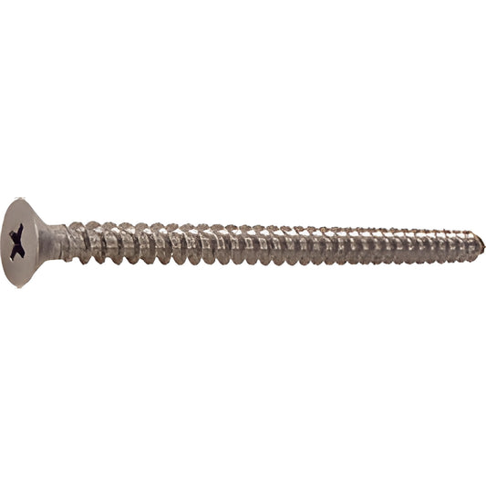 Brushed nickel stainless steel Phillips flat-head 3 in screw (P103BN) for shower door hinges.