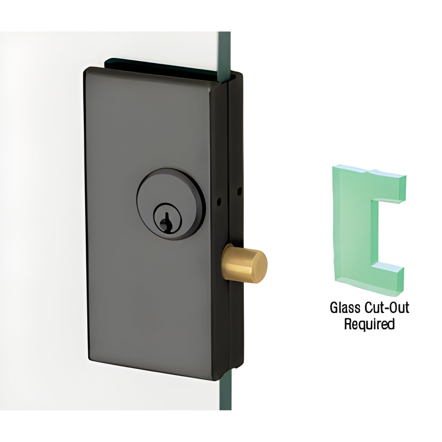 DT36MBL matte black low-profile center lock for 12mm tempered glass door, compact rectangular lock with keyed cylinder