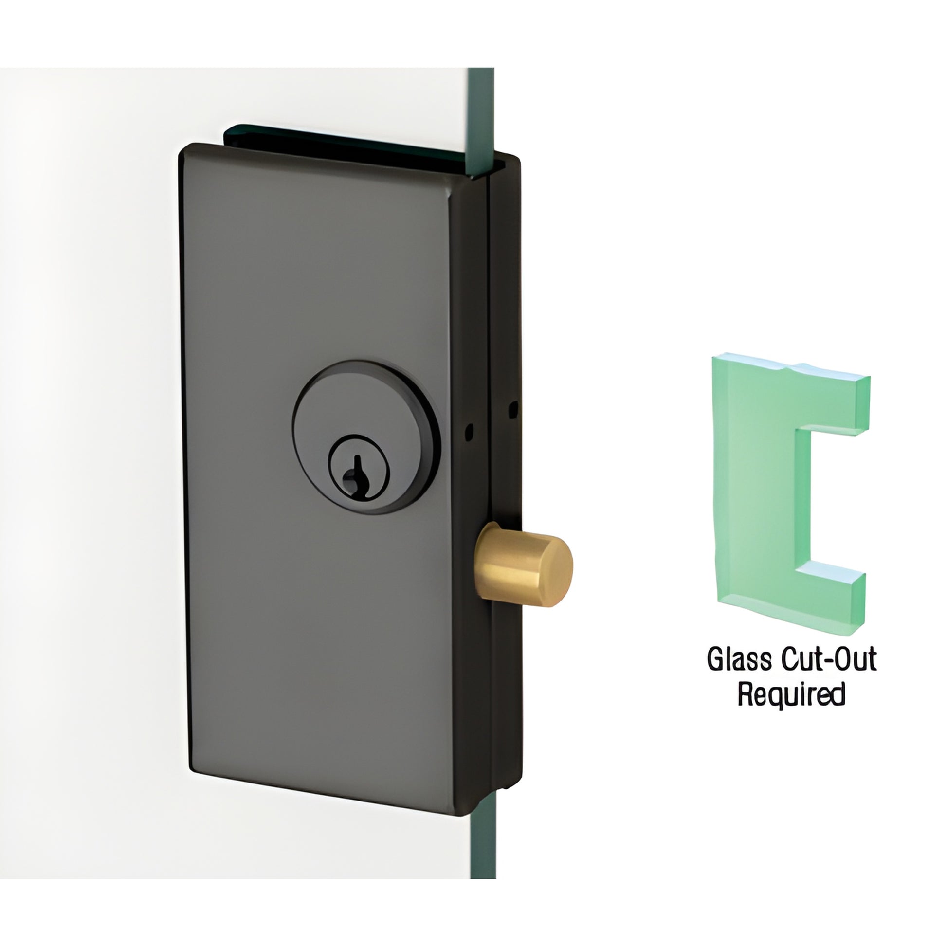 DT36MBL matte black low-profile center lock for 12mm tempered glass door, compact rectangular lock with keyed cylinder