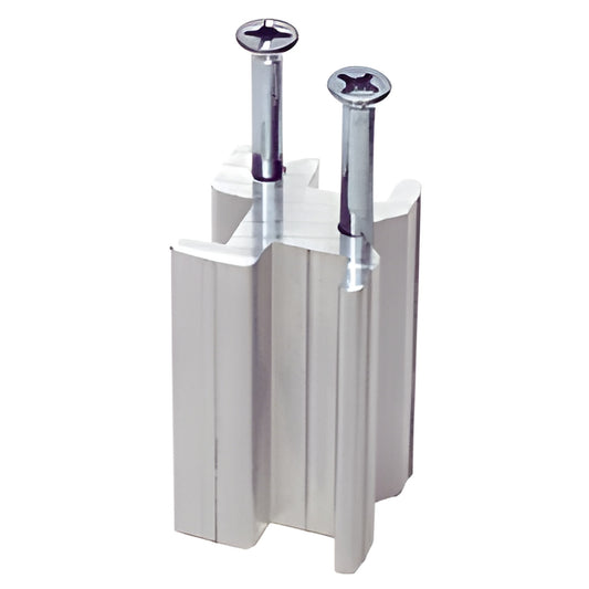 Satin anodized aluminum 1-1/8" square counter post mounting base with two screws - SKU 6406002