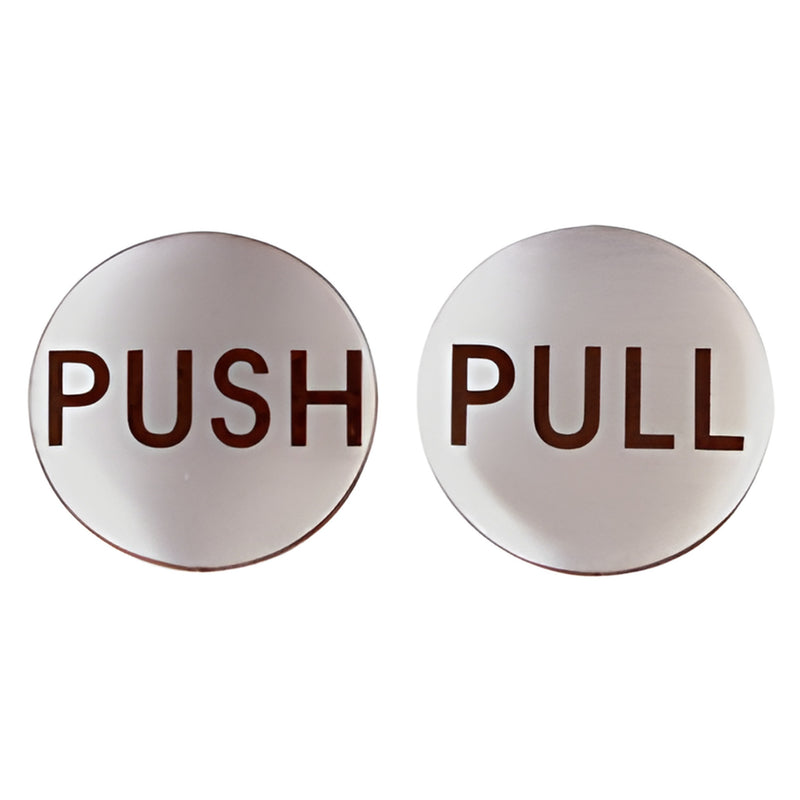 RPP2BS 2" (51mm) stainless steel round PUSH/PULL door indicators, brushed finish, adhesive-backed set