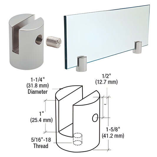 SM14SC satin chrome brass slot standoff, 1-1/4" dia for 1/4" (6mm) glass/panel, nylon-tip set screw visible
