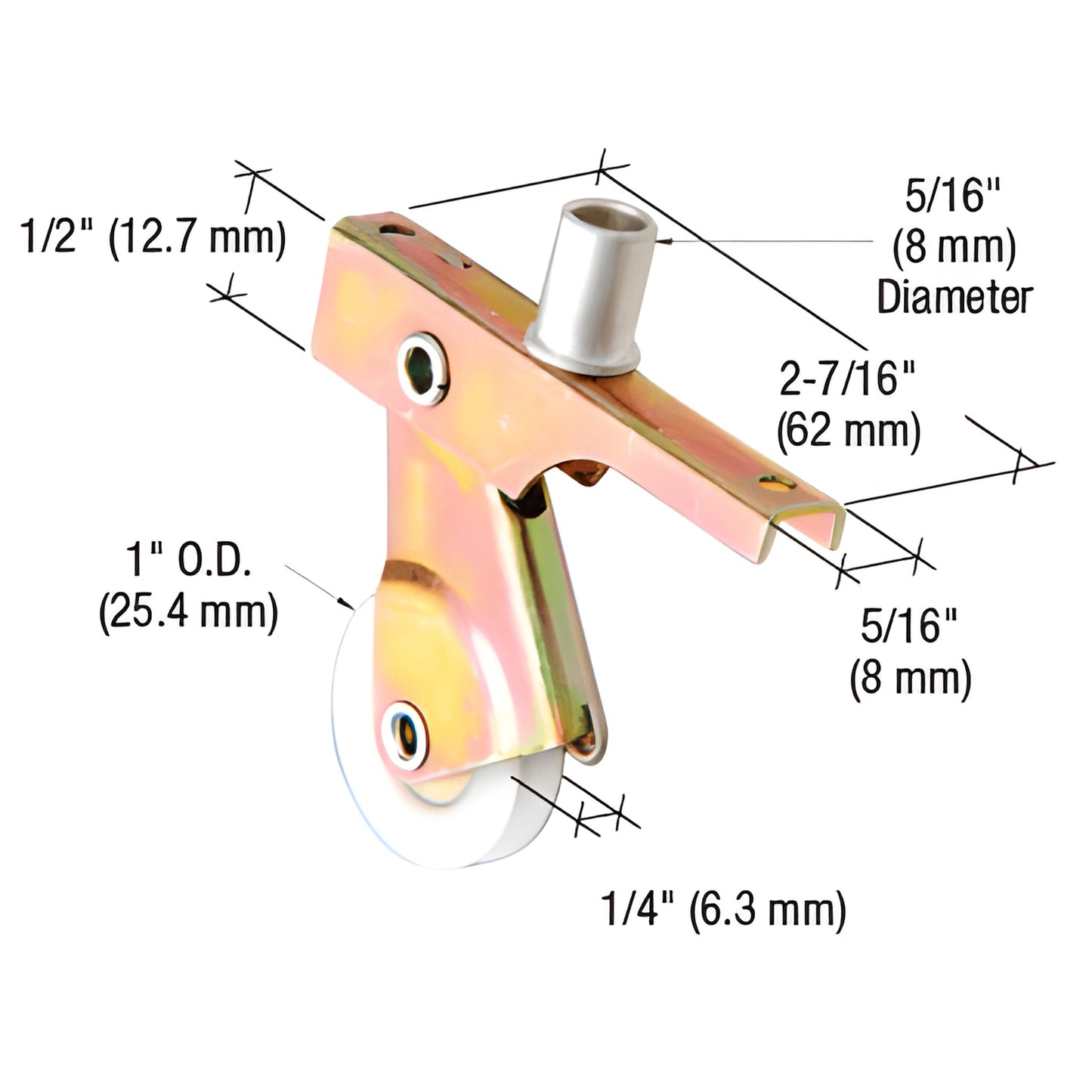 B701: adjustable steel sliding screen door roller with 1" nylon concave wheel, spring housing and top adjuster, white wheel.