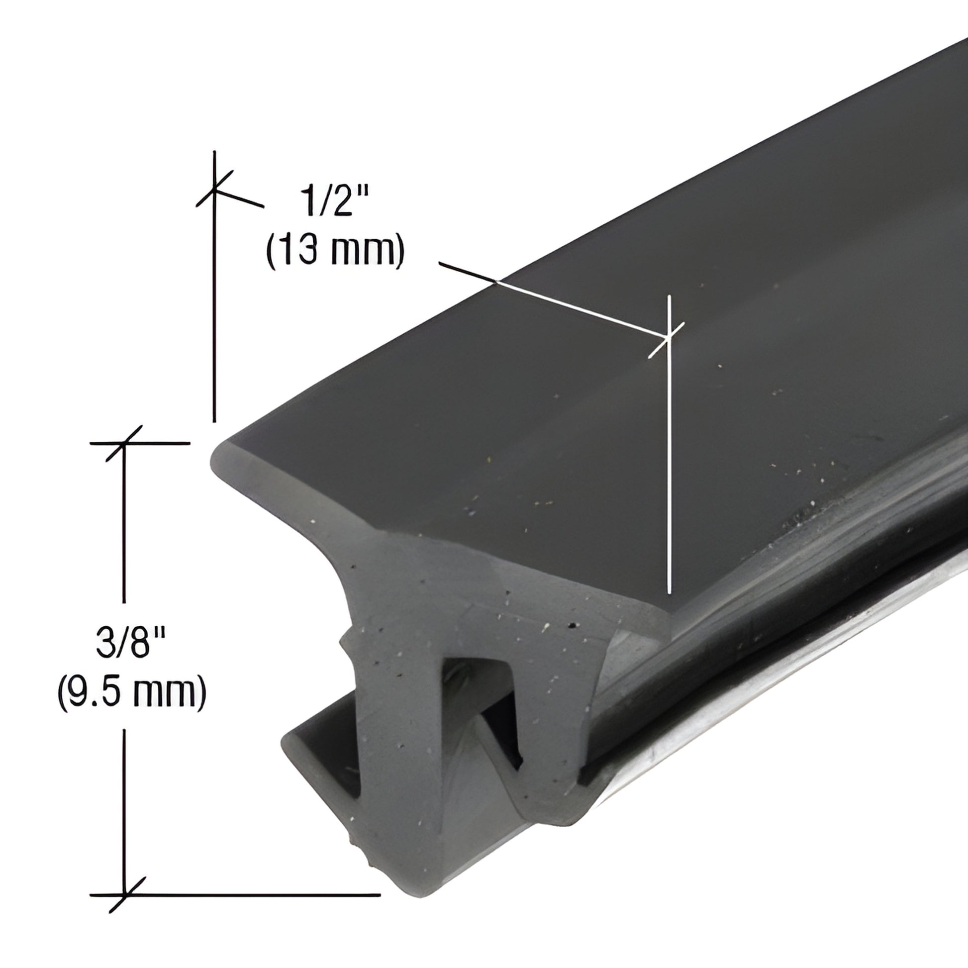 Black EPDM top-load glazing gasket profile (SKU NP238) for 3/8" (9.5mm) infills, shown with 1/2" and 3/8" dimensions.