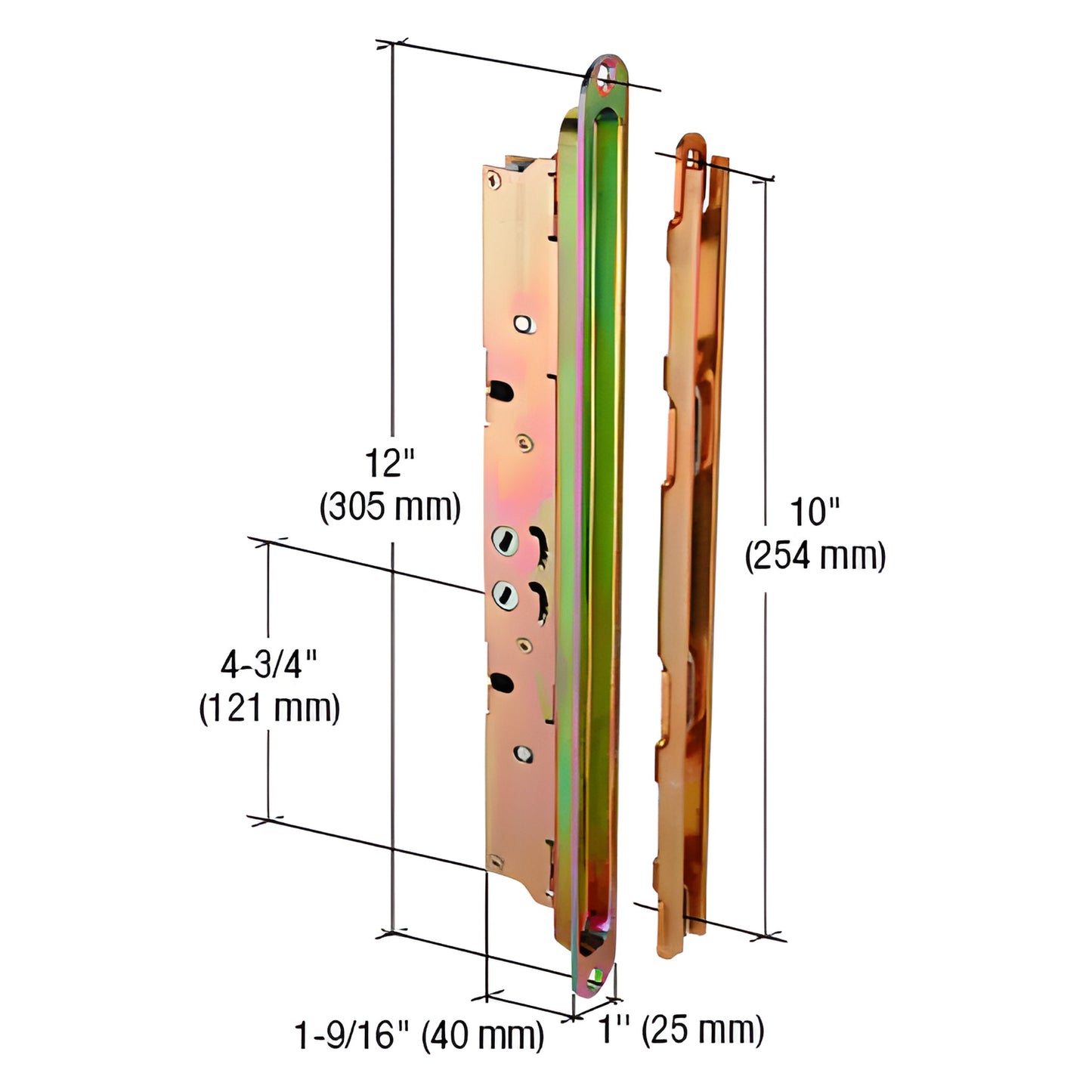 E2474 zinc-plated multipoint mortise patio door lock with 12" hole centers, thumbturn, for vinyl or wood doors.