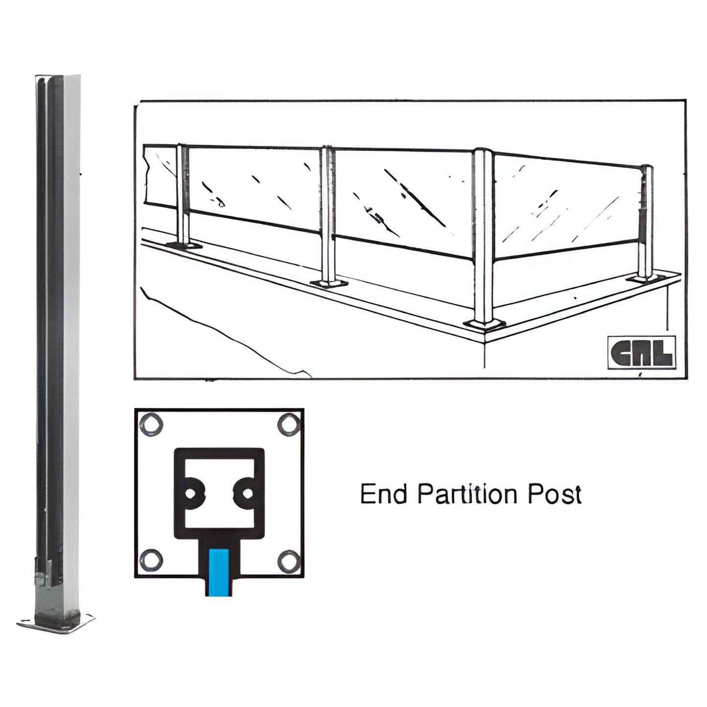 CRL D991AEC end air-space partition post, 1-1/8 in satin anodized aluminum square for 1/4 in glass