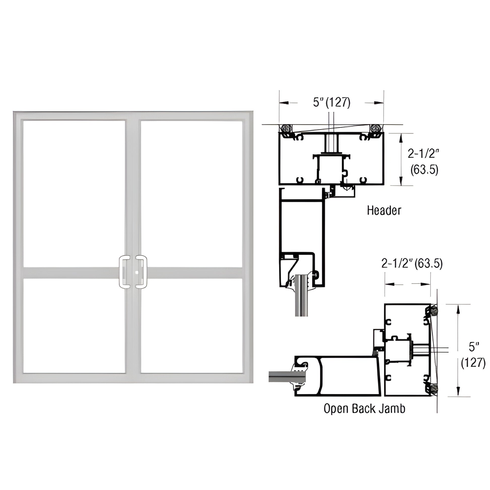SKU 0P42511 Clear anodized double up and over impact door frame for paired hinged doors with center meeting rails and air thr