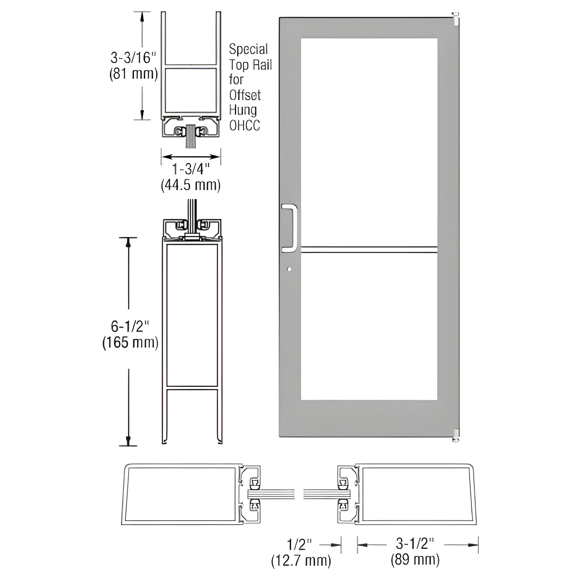 DC41111 clear anodized medium-stile commercial entrance door drawing, 3-1/2" stiles, 6-1/2" bottom rail, fits 1/4" glass.