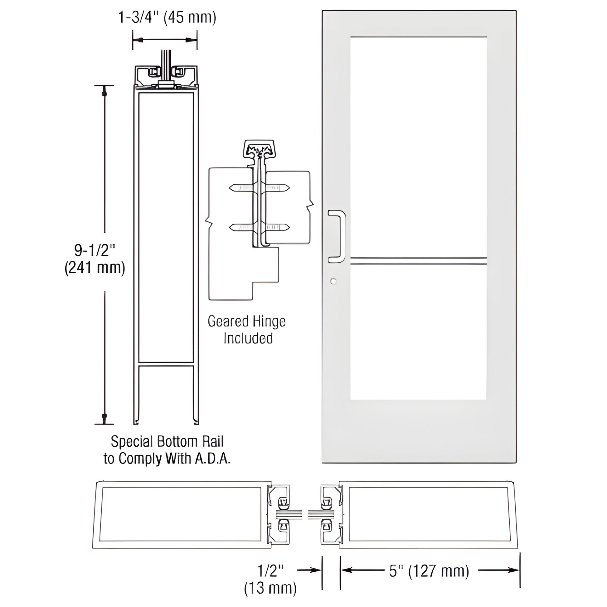 CRL CD51852 white Kynar wide-stile commercial entrance door with 5 in stiles, 9-1/2 in ADA bottom rail, glass opening, geared