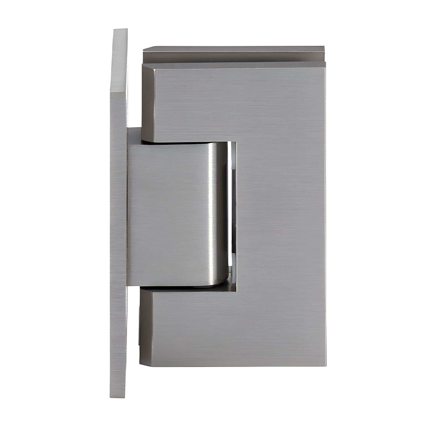 JRG037BN brushed-nickel brass wall-mount glass hinge, full back plate, for 6-8mm tempered glass, self-centering.