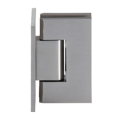 JRG037BN brushed-nickel brass wall-mount glass hinge, full back plate, for 6-8mm tempered glass, self-centering.