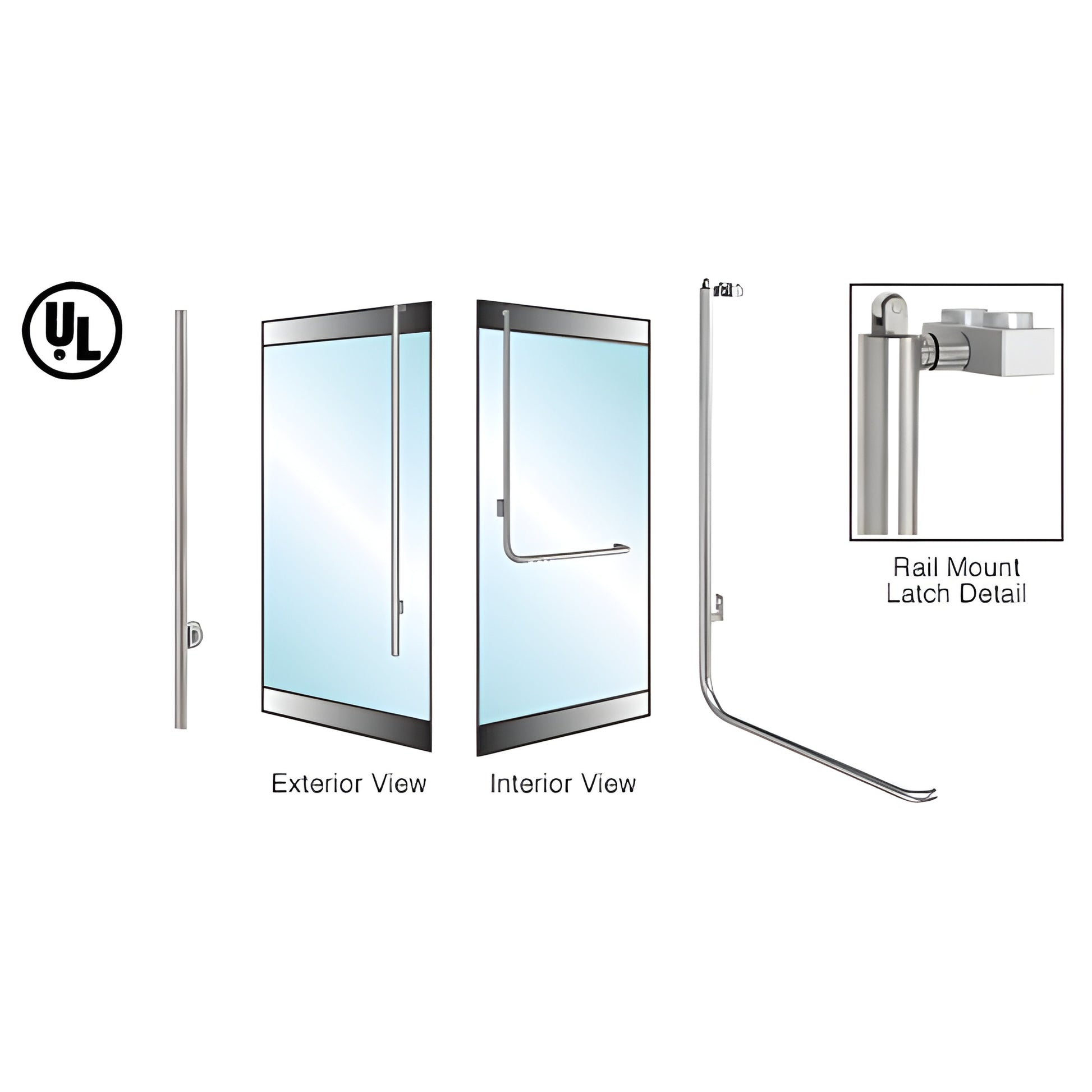 Brushed stainless PA100 rail-mount panic handle for tempered glass doors, 1-1/4 in tube, SKU 5P100LS4RKBS