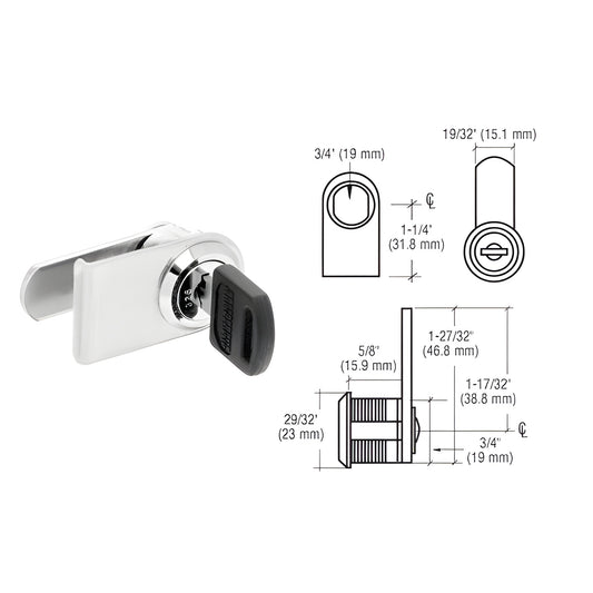 CRL LK18KA polished chrome cam lock with key and technical diagram, for 1/4" (6mm) glass doors.