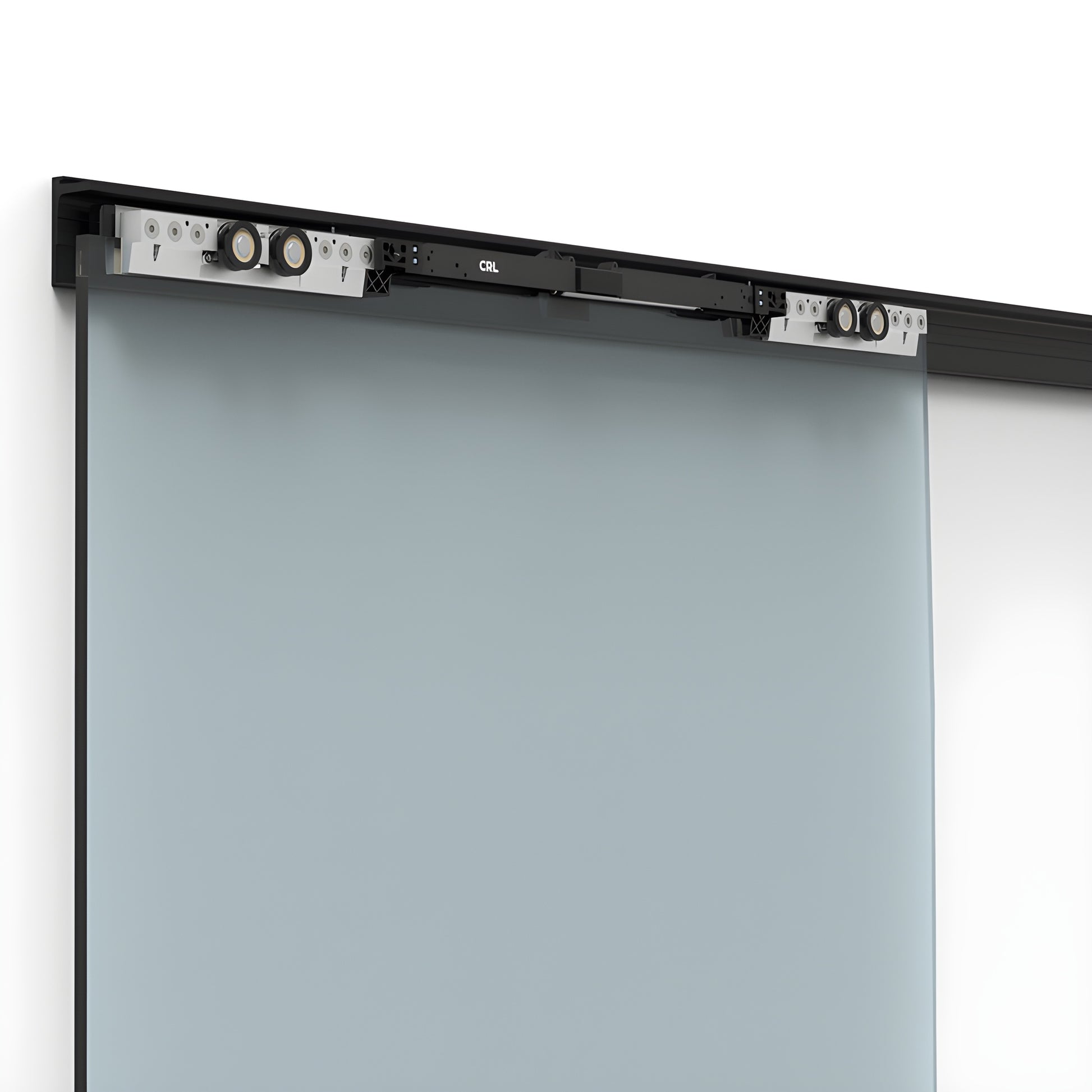 CRL695MBL matte-black sliding door kit, 118" track and tempered glass panel, wall-mounted top cover.