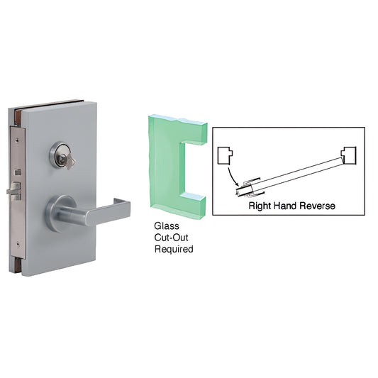 DL611RSBS brushed stainless 6x10 center lock for 1/2" tempered glass, lever shown with cut-out and right-hand diagram