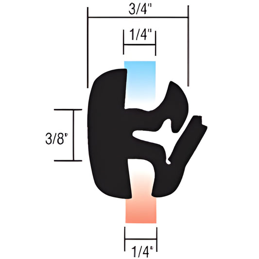 Black EPDM self-sealing weatherstrip profile, 3/4" wide 3/8" tall, fits 1/4" glass; 50 ft roll, SKU 10251
