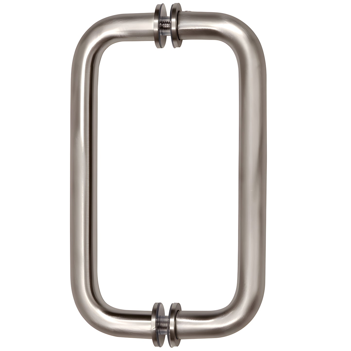 Brushed nickel back-to-back tubular glass door pull handle, 3/4" dia, 8" center-to-center (SKU BM8X8BN)