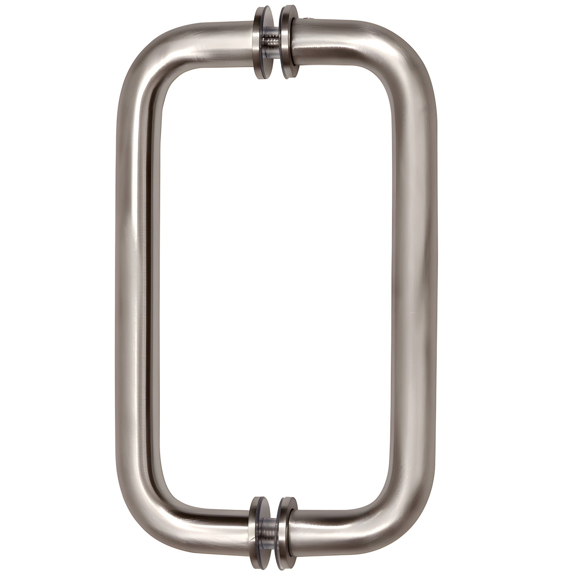 Brushed nickel back-to-back tubular glass door pull handle, 3/4" dia, 8" center-to-center (SKU BM8X8BN)