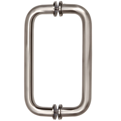 Brushed nickel back-to-back tubular glass door pull handle, 3/4" dia, 8" center-to-center (SKU BM8X8BN)