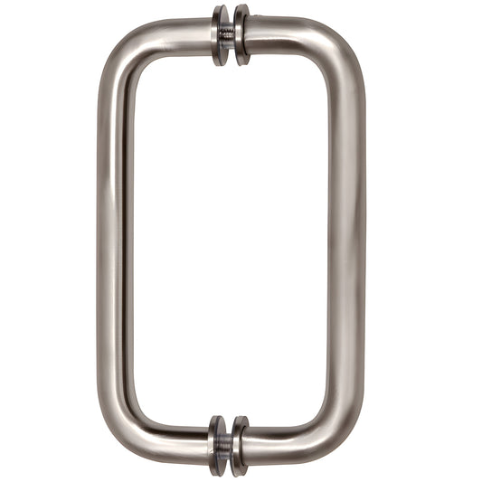 SPH8BN brushed nickel solid brass squared pull handle for frameless glass doors, 3/4" dia, 8" center, fits 1/4-1/2" glass.