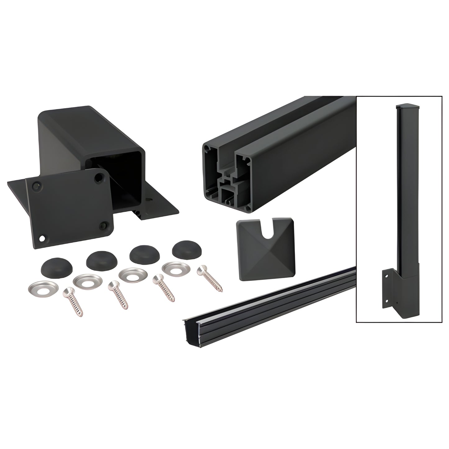 Matte black aluminum fascia-mount railing post kit FP1H42EKBL - 52 in post with bracket, cap, vinyl insert, screws
