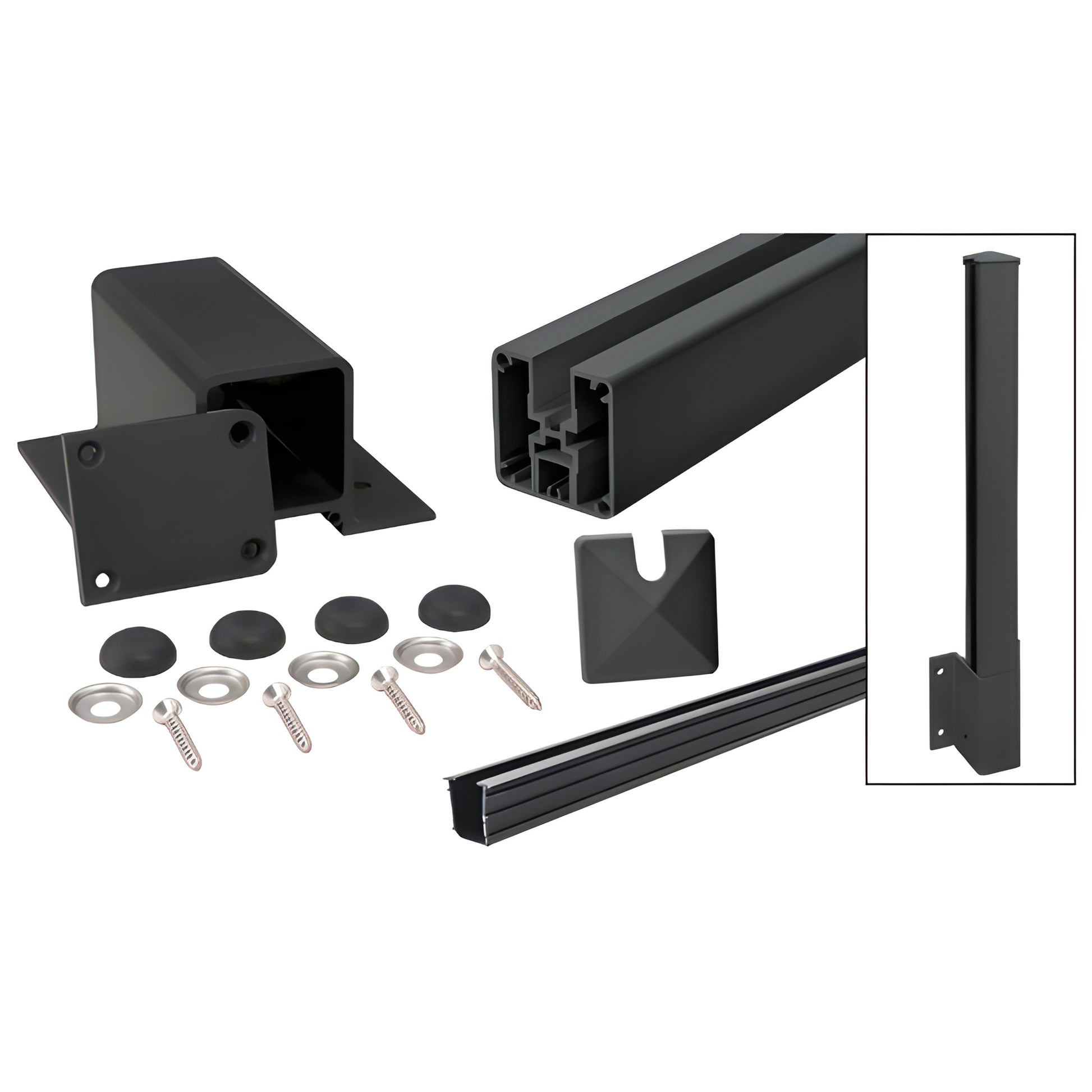 Matte black aluminum fascia-mount railing post kit FP1H42EKBL - 52 in post with bracket, cap, vinyl insert, screws