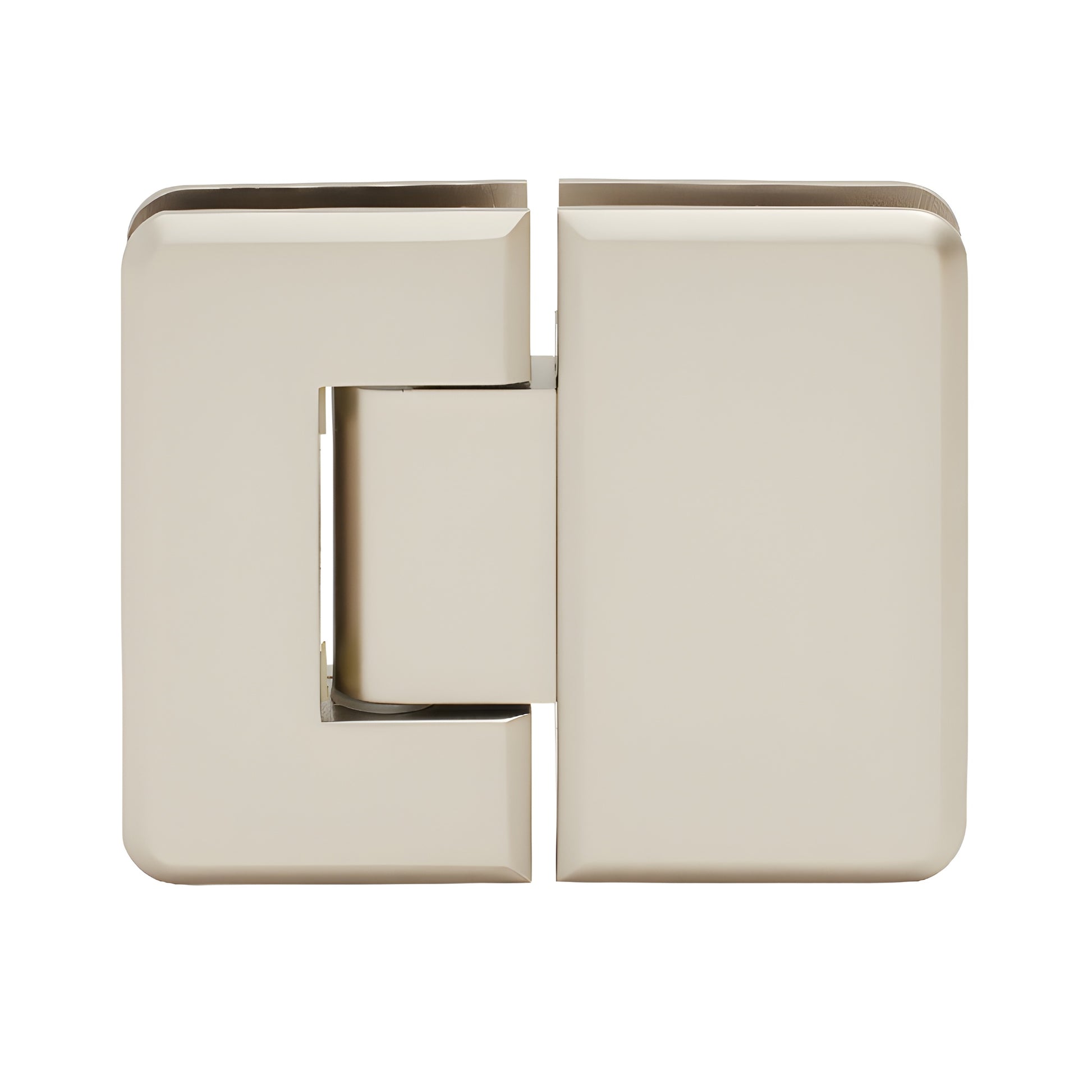P1N180SN Pinnacle satin nickel glass-to-glass shower hinge, beveled brass, self-centering, fits 8-12mm glass