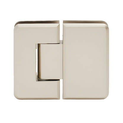 P1N180SN Pinnacle satin nickel glass-to-glass shower hinge, beveled brass, self-centering, fits 8-12mm glass