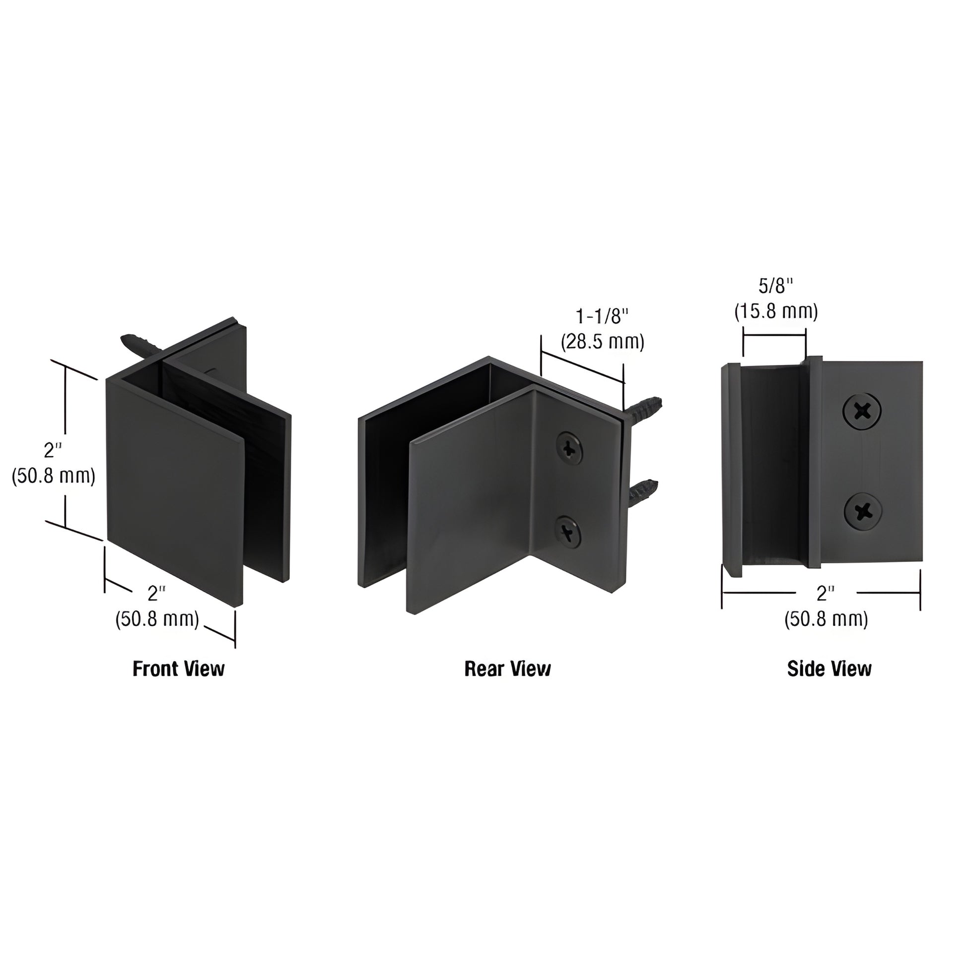 MFCW10MBL matte black wall-mount square front clamp for 3/8-1/2" tempered glass, front/rear/side views with dimensions