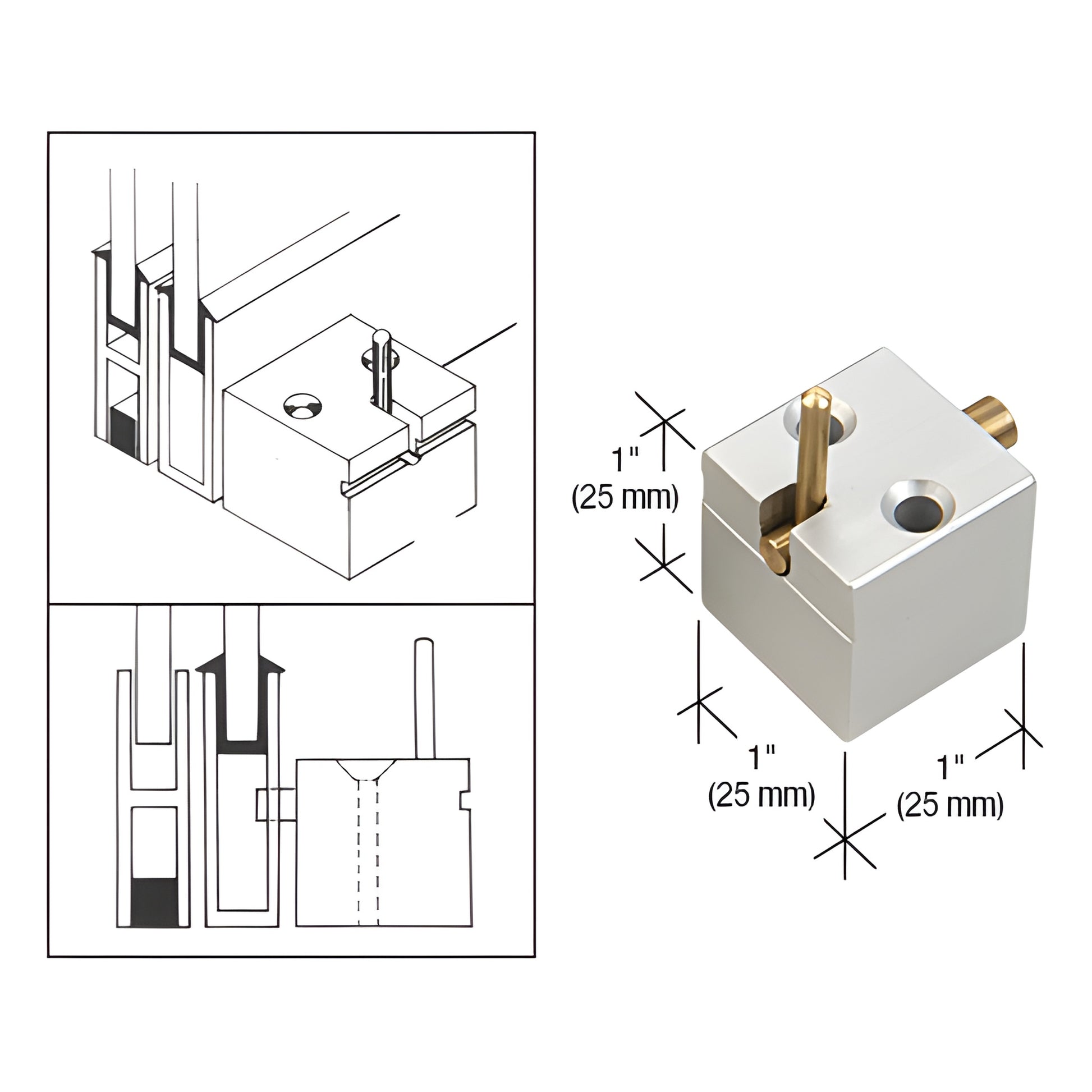 CRL D813A deck catch, satin anodized 1" cube with brass plunger for pass-thru sliding windows.