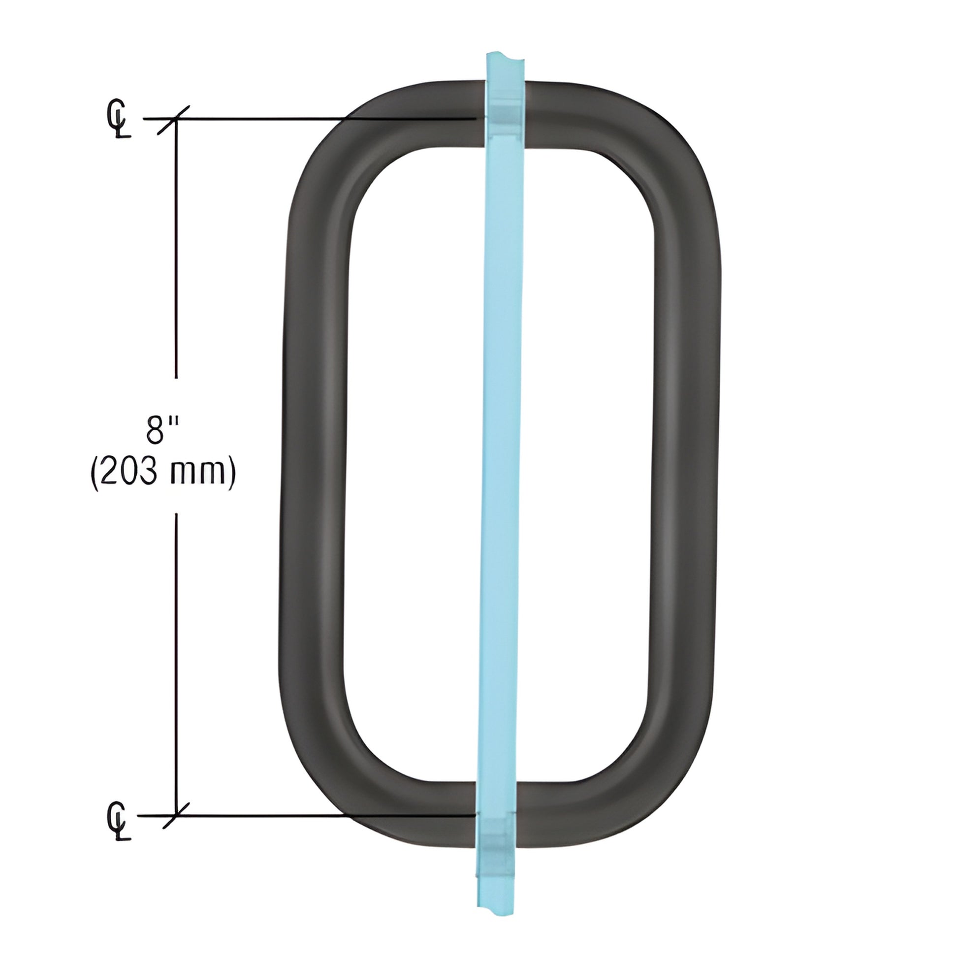 Matte black 3/4" solid brass squared shower door pull, 8" center to center, fits 1/4-1/2" glass (SKU BPD8MBL)