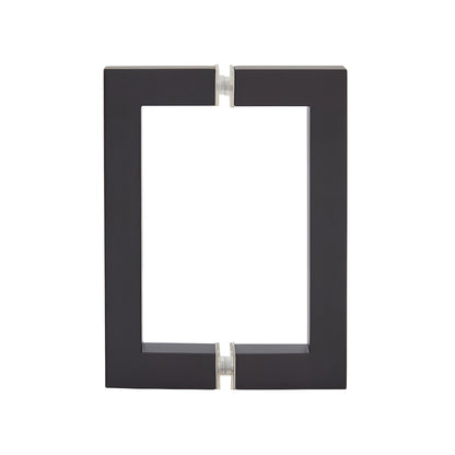 Square-corner tubular brass shower door pull, oil rubbed bronze finish, back to back glass mount, 6 in center-to-center