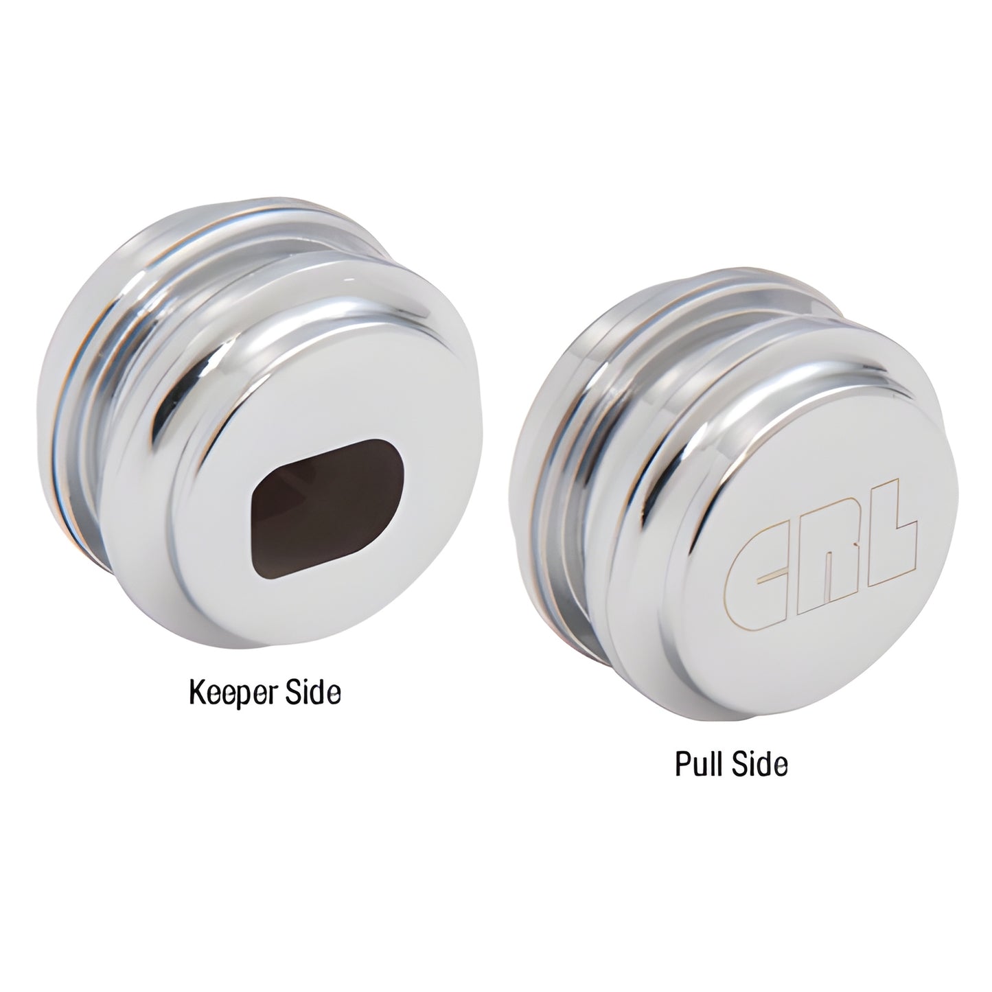LK51 polished chrome aluminum glass door lock keeper, keeper-side opening and pull-side knob, fits 1in glass.