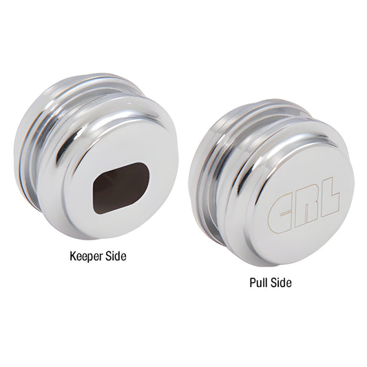 LK51 polished chrome aluminum glass door lock keeper, keeper-side opening and pull-side knob, fits 1in glass.