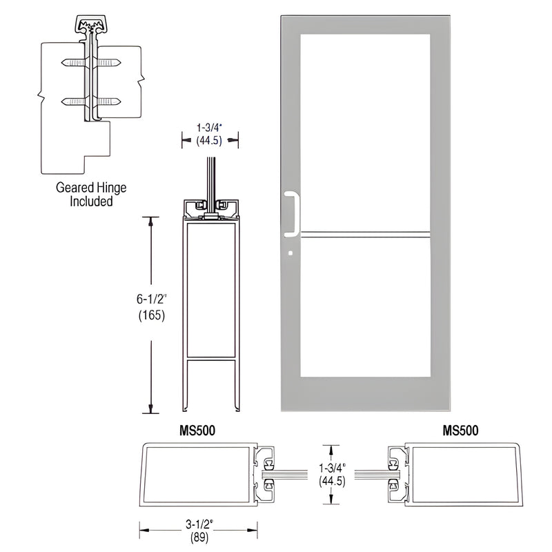 Clear anodized 36x84 medium-stile aluminum framed glass door, left-latch with geared hinge - SKU DC41811L036