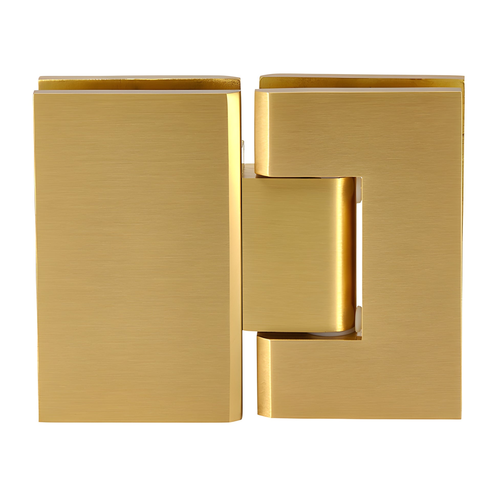 GEN380SB satin-brass adjustable glass-to-glass shower hinge, square profile Geneva series, solid brass, self-centering.