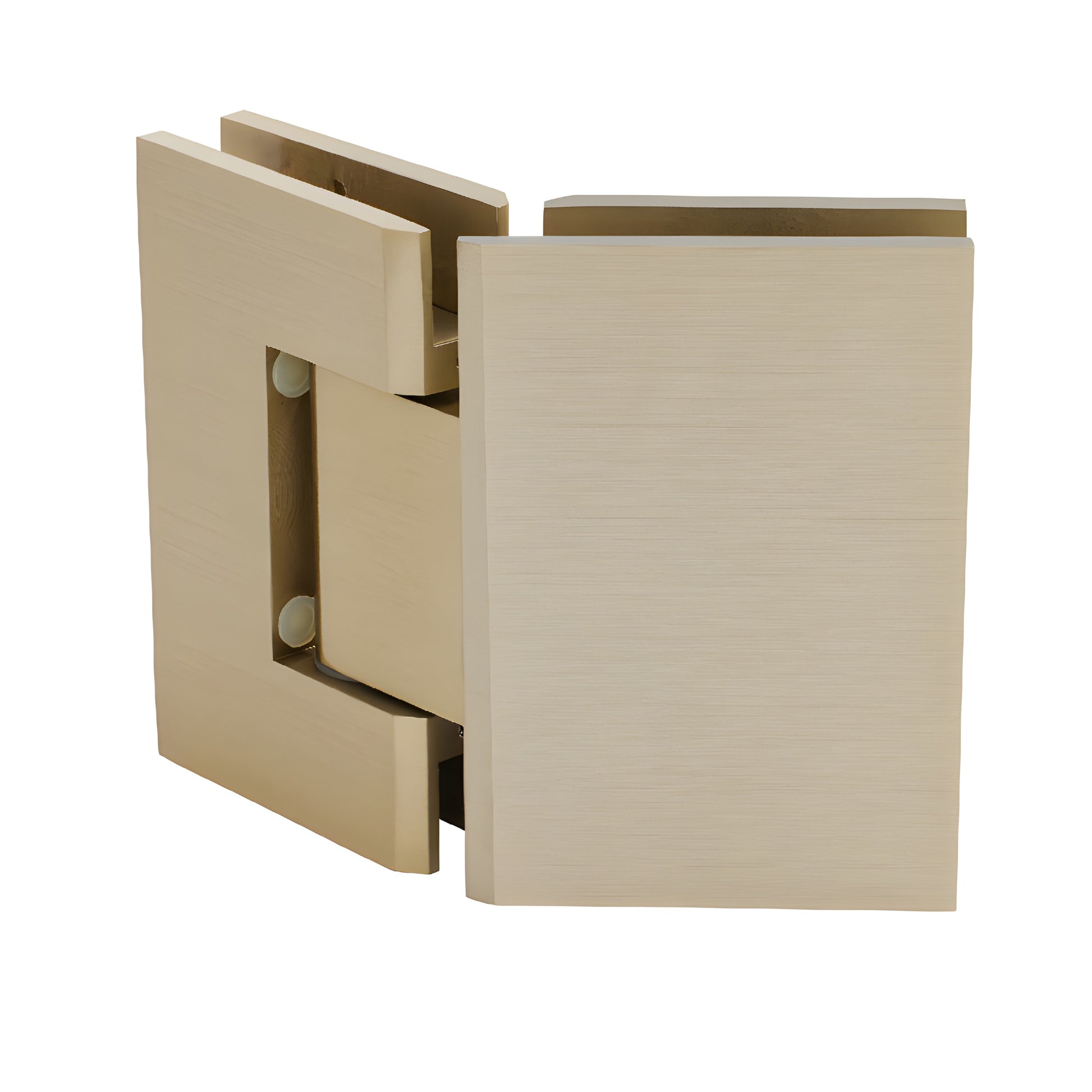 Brushed bronze Geneva glass-to-glass shower hinge, solid brass, square profile, 135 self-centering.