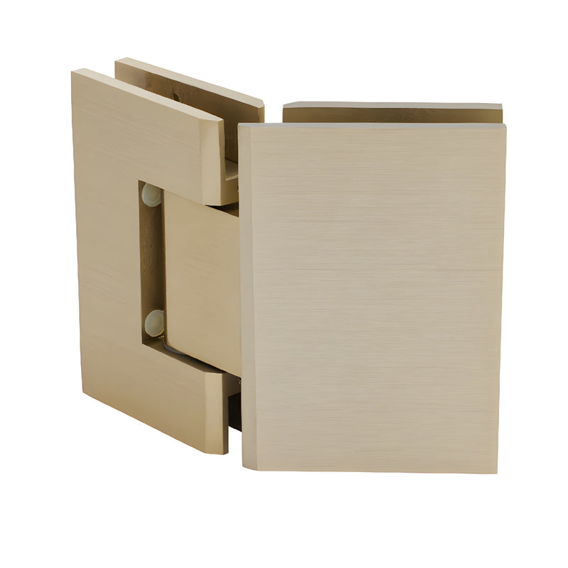 Brushed bronze Geneva glass-to-glass shower hinge, solid brass, square profile, 135 self-centering.