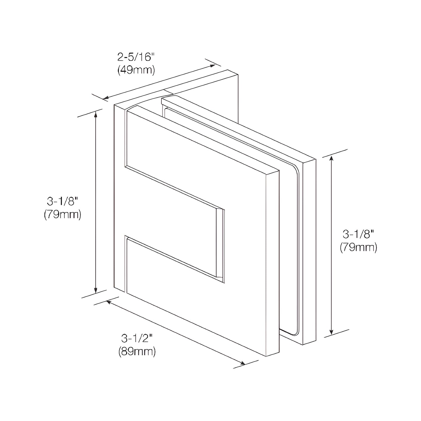 PAL044MBL matte black Palermo frameless glass door hinge, square offset back plate, fits 3/8-1/2 in (10-12mm) glass.