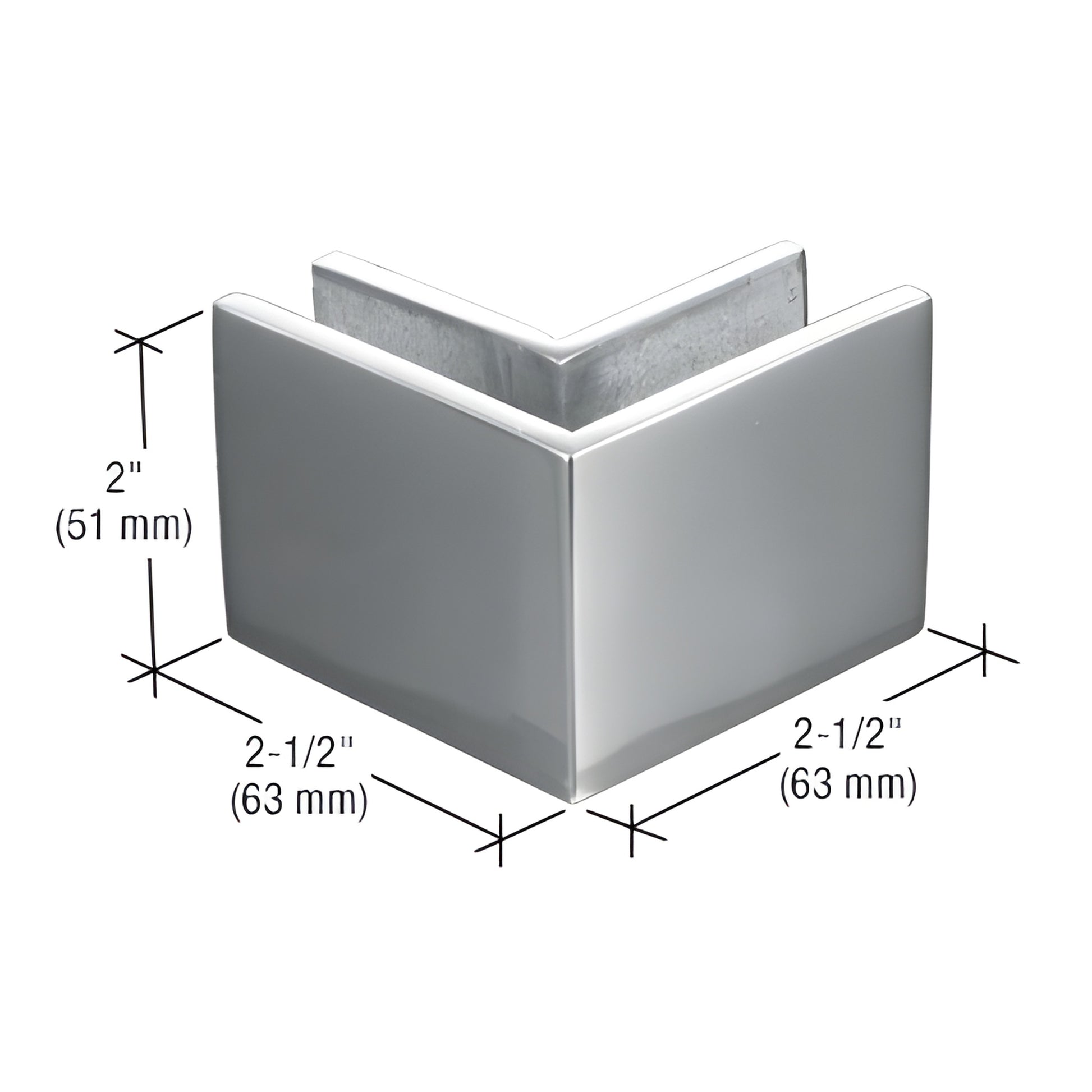 MFC22 90 polished stainless steel square mall-front clamp for 3/8-1/2" (10-12 mm) glass, 2" 21 2" dimensions.