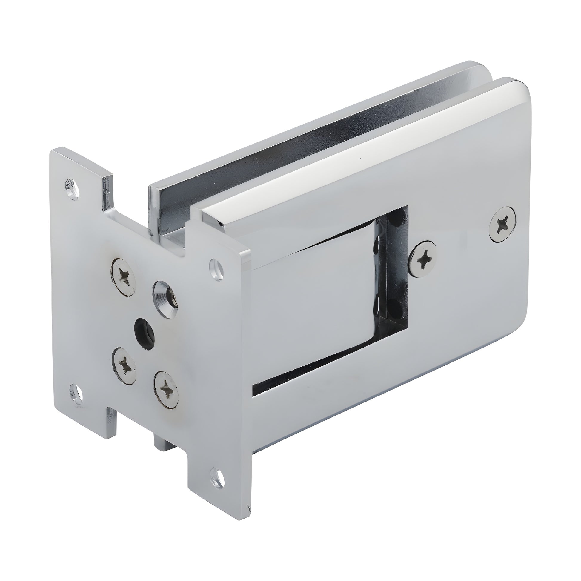 Polished chrome Atlas all-glass door hinge SKU ATL01CH - brass, double-acting, self-centering for 8-12mm tempered glass