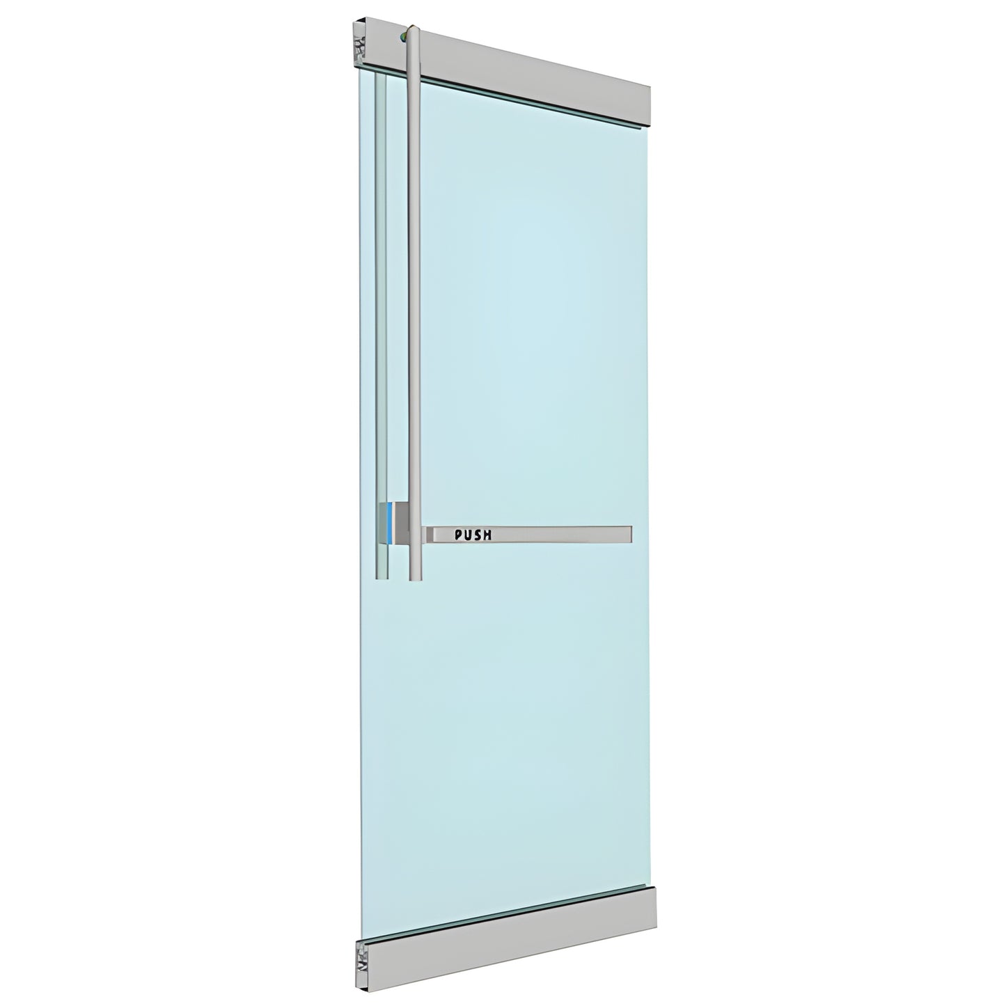 Blumcraft PA-320 panic handle (PA320JS4RKBS) brushed stainless steel vertical panic device for glass storefront doors.