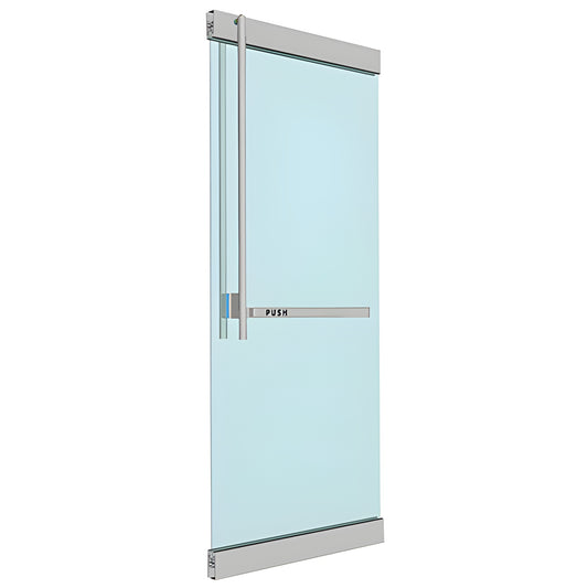 Blumcraft PA-320 panic handle (PA320JS4RKBS) brushed stainless steel vertical panic device for glass storefront doors.