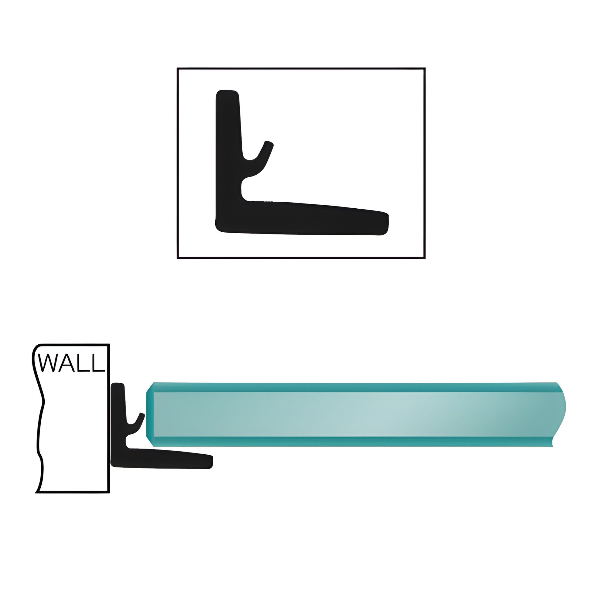 DK98L clear polycarbonate L-seal for frameless sliding shower doors, 95in peel-and-stick with soft bumper